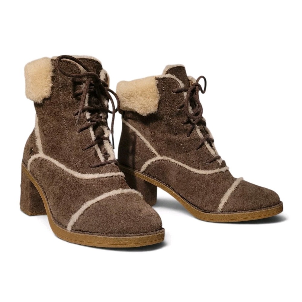 UGG Esterly Ankle Boot Women's Size 9 Mysterious Brown Suede Shearling Trim EUC